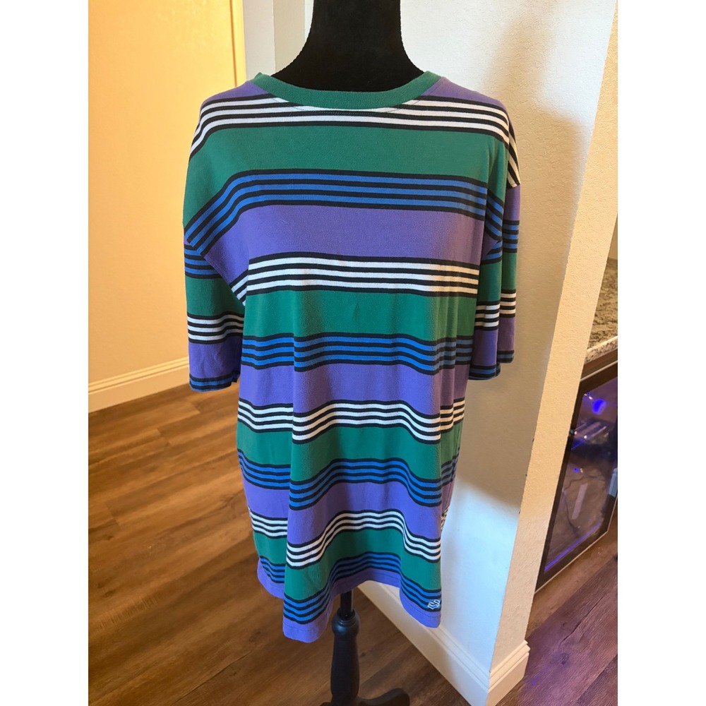 Zine Mens XL Striped Short Sleeve T-Shirt Purple Green Blue Black Multi Color